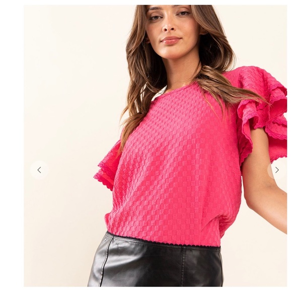 35 Boho Textured Double Ruffle Short Sleeve Top - Picture 5 of 7